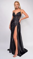 Statement-Making Mermaid V Neck Spaghetti-Strap Plunging Lace-Up-Back High-Slit Floor-Length Evening Dress