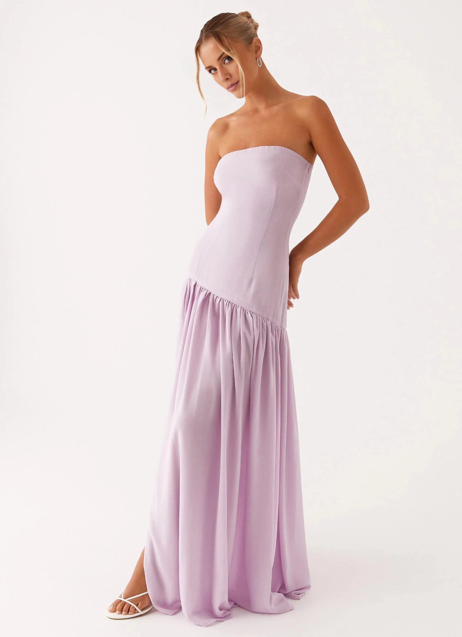 Statement-Making Off the Shoulder Neck Sleeveless Strapless Ruffled Side-Slit Floor-Length Prom Dress by YiHuiw