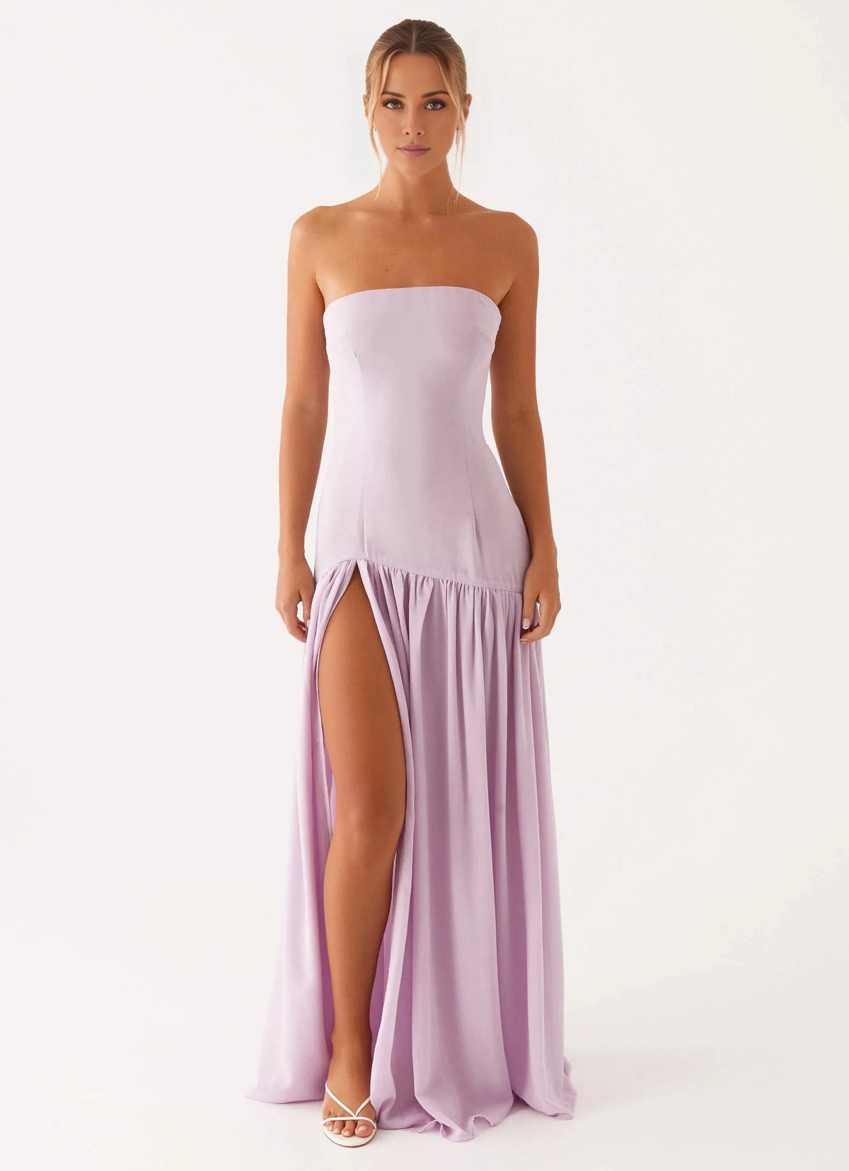 Statement-Making Off the Shoulder Neck Sleeveless Strapless Ruffled Side-Slit Floor-Length Prom Dress by YiHuiw