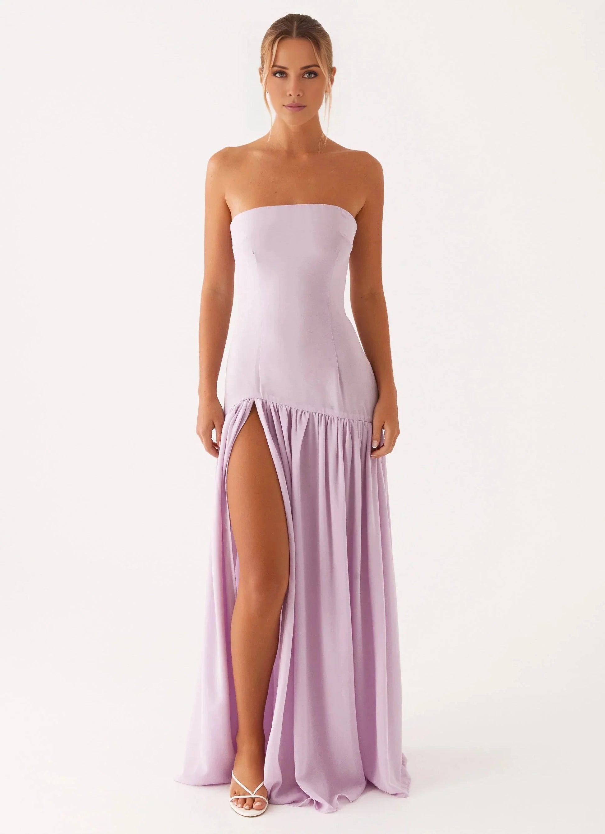 Statement-Making Off the Shoulder Neck Sleeveless Strapless Ruffled Side-Slit Floor-Length Prom Dress by YiHuiw