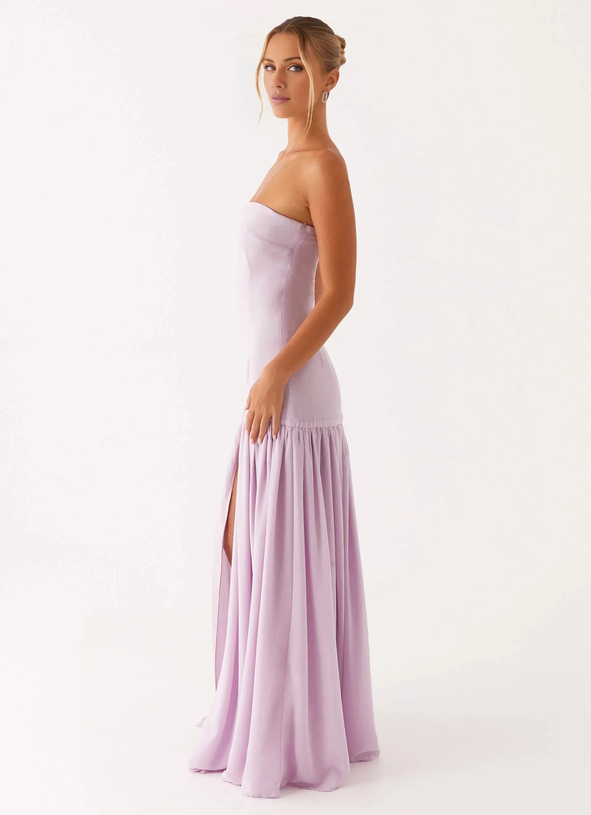 Statement-Making Off the Shoulder Neck Sleeveless Strapless Ruffled Side-Slit Floor-Length Prom Dress by YiHuiw