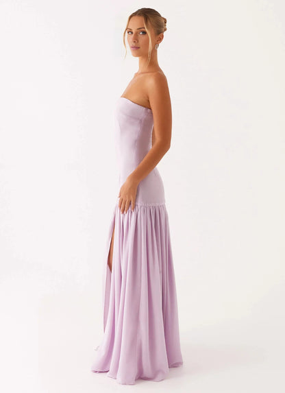 Statement-Making Off the Shoulder Neck Sleeveless Strapless Ruffled Side-Slit Floor-Length Prom Dress by YiHuiw