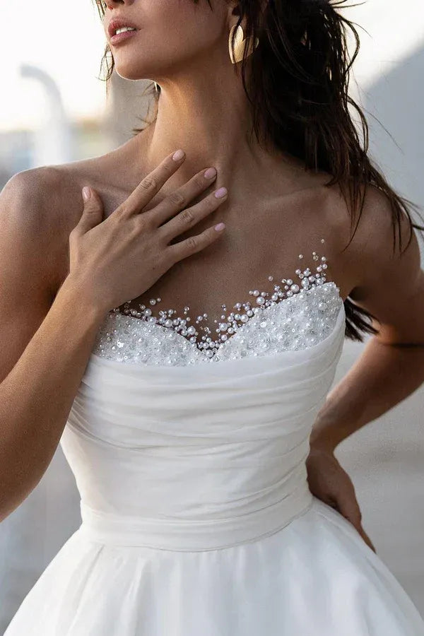 A-Line Sweetheart Chiffon Beaded Wedding Dress - Yihuiw by Yihuiw