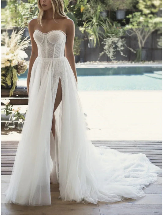 Strapless Tulle Lace-Up Back High Slit Wedding Dress - Yihuiw by Yihuiw