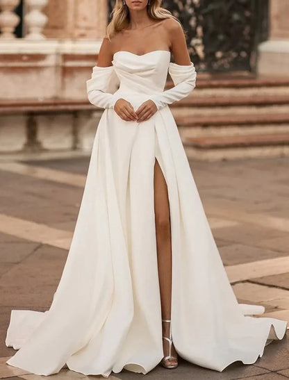 A-Line Strapless Crepe High Slit Wedding Dress - Yihuiw by Yihuiw