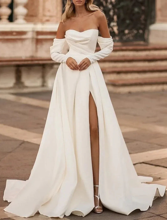 A-Line Strapless Crepe High Slit Wedding Dress - Yihuiw by Yihuiw