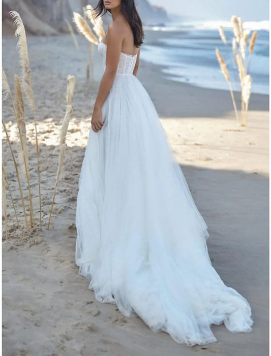 Strapless Tulle Lace-Up Back High Slit Wedding Dress - Yihuiw by Yihuiw