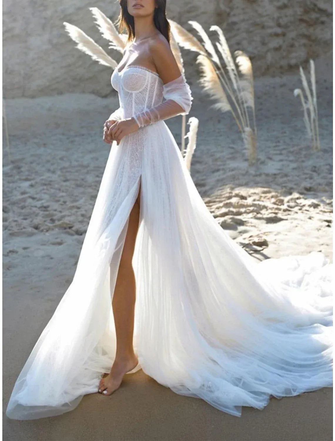 Strapless Tulle Lace-Up Back High Slit Wedding Dress - Yihuiw by Yihuiw