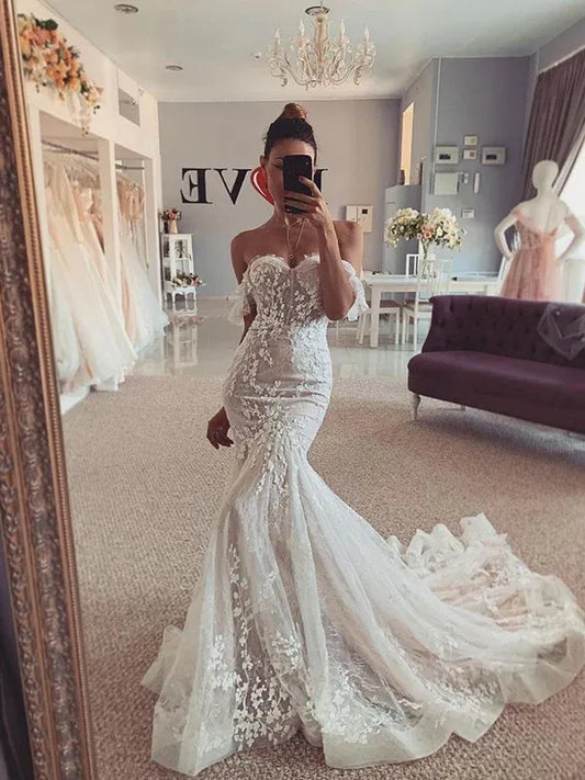 Mermaid Strapless Tulle Train Wedding Dress - Yihuiw by Yihuiw