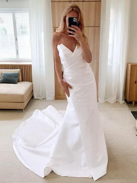 Mermaid Sweetheart Satin High Slit Wedding Dress - Yihuiw by Yihuiw