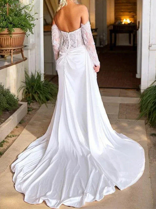 Mermaid Sweetheart Satin Long Sleeve Lace-Up Back High Slit Wedding Dress - Yihuiw by Yihuiw