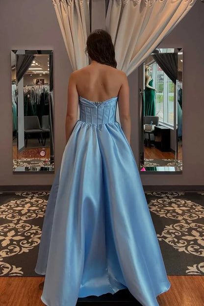 Light Blue Satin A-Line Prom Dress with Sweetheart Neckline and Bow Detail