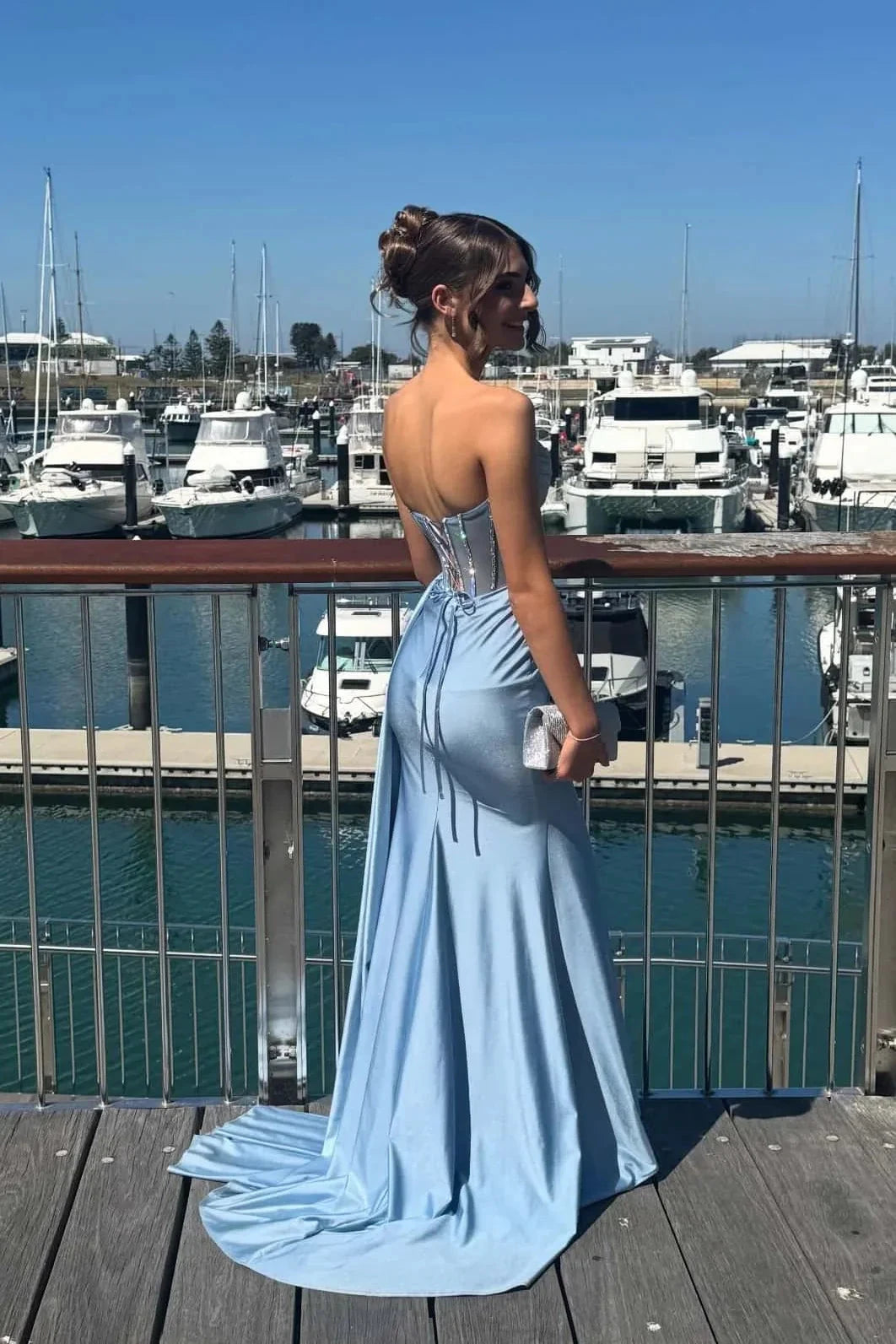 Satin Corset Prom Dresses Beaded Strapless High Slit Train Formal Evening Gown by JiMiss Dresses