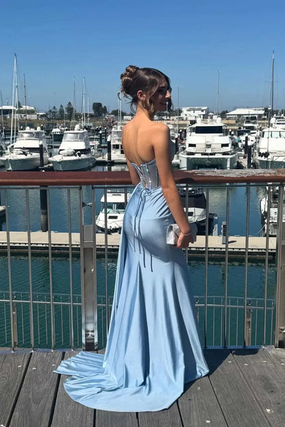 Satin Corset Prom Dresses Beaded Strapless High Slit Train Formal Evening Gown by JiMiss Dresses