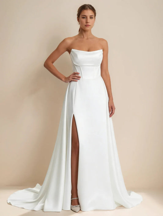 Strapless Cowl Neck Satin Wedding Dress with Corset Bodice, High Thigh Slit & A-Line Train