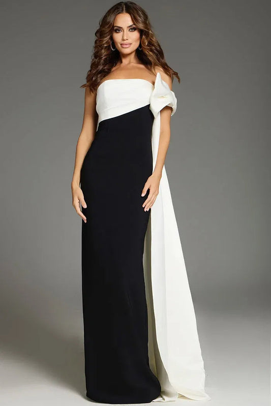 Strapless Evening Dress with Contrast Panel Draped Cape and Column Silhouette