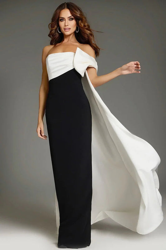 Strapless Evening Dress with Contrast Panel Draped Cape and Column Silhouette