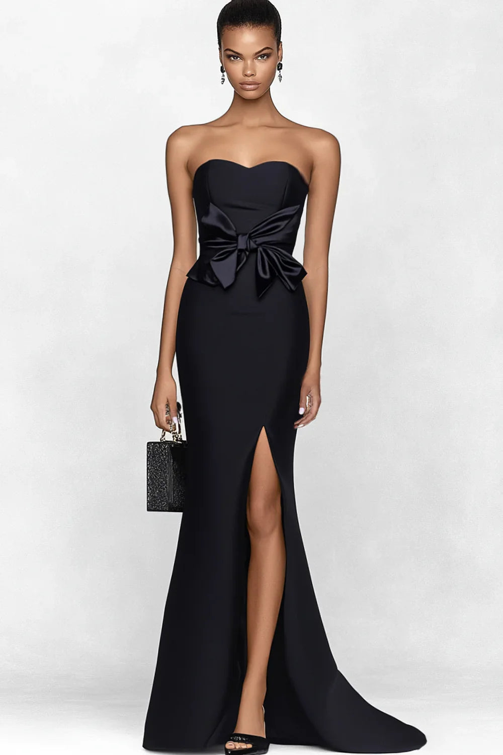 Vestido de noche largo hasta el suelo, palabra de honor, espalda cerrada, corte sirena sin tirantes