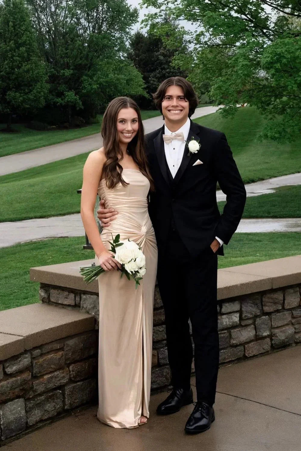 Strapless Metallic Satin Prom Dresses with Ruched Bodice, Twist Detail, High Slit and Train Formal Gown by JiMiss Dresses