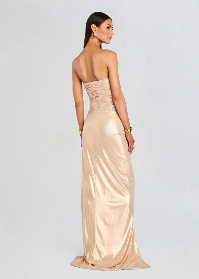 Strapless Metallic Satin Prom Dresses with Ruched Bodice, Twist Detail, High Slit and Train Formal Gown by JiMiss Dresses