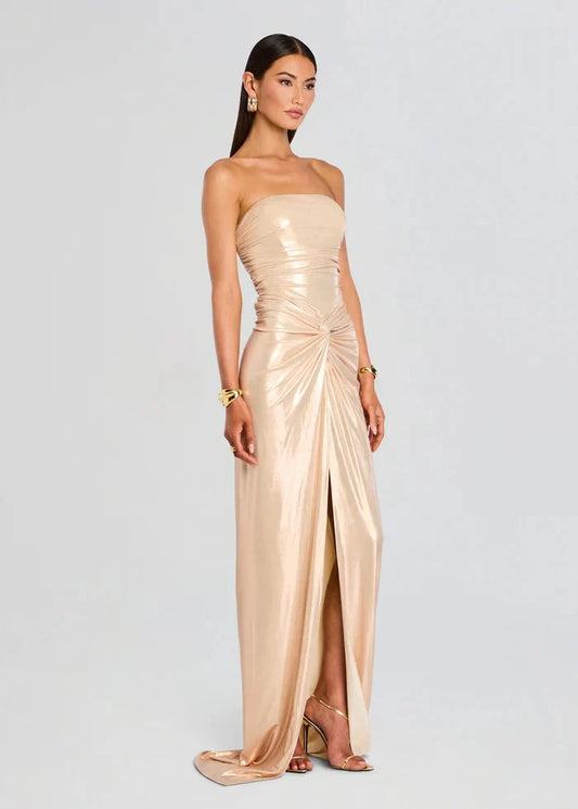 Strapless Metallic Satin Prom Dresses with Ruched Bodice, Twist Detail, High Slit and Train Formal Gown by JiMiss Dresses