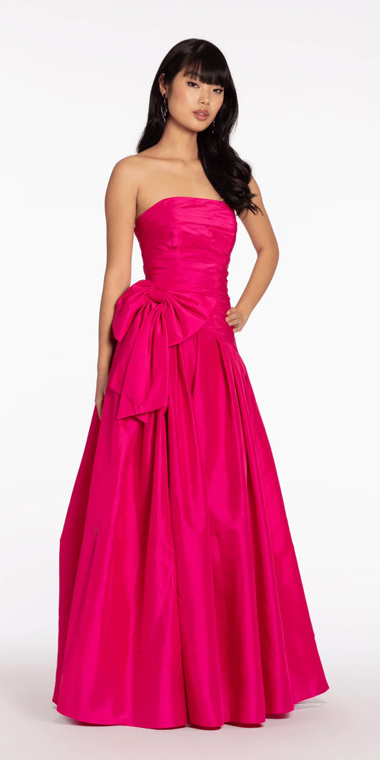Strapless Ruched Bodice Satin Evening Dresses with Oversized Bow Accent and High Slit