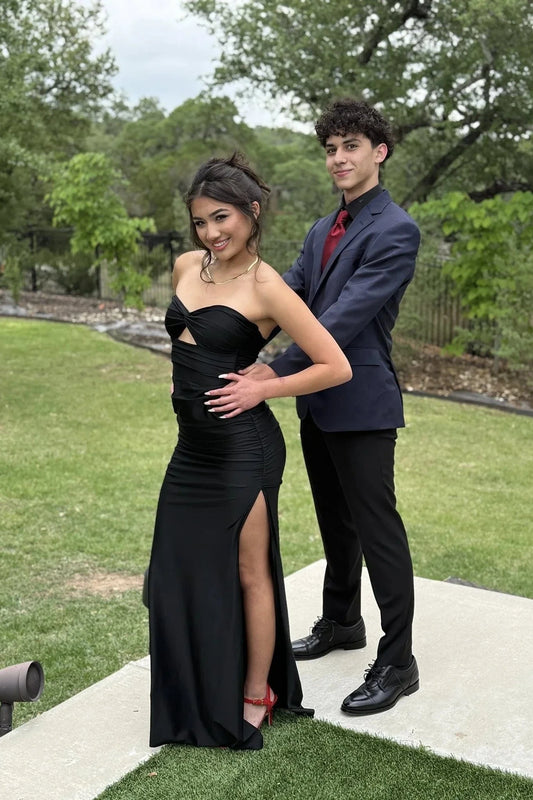 Strapless Ruched Mermaid Prom Dress with Cutout Back and High Slit by JiMiss Dresses