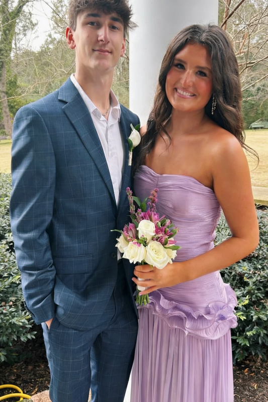 Strapless Ruched Prom Dress with Ruffle Detail, Pleated Skirt and Floor-Length Silhouette by JiMiss Dresses