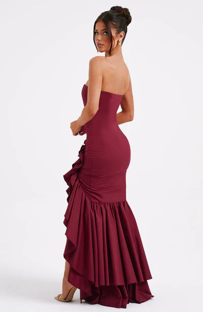 Strapless Ruffle Mermaid Prom Dresses High Slit Asymmetrical Formal Gown by JiMiss Dresses