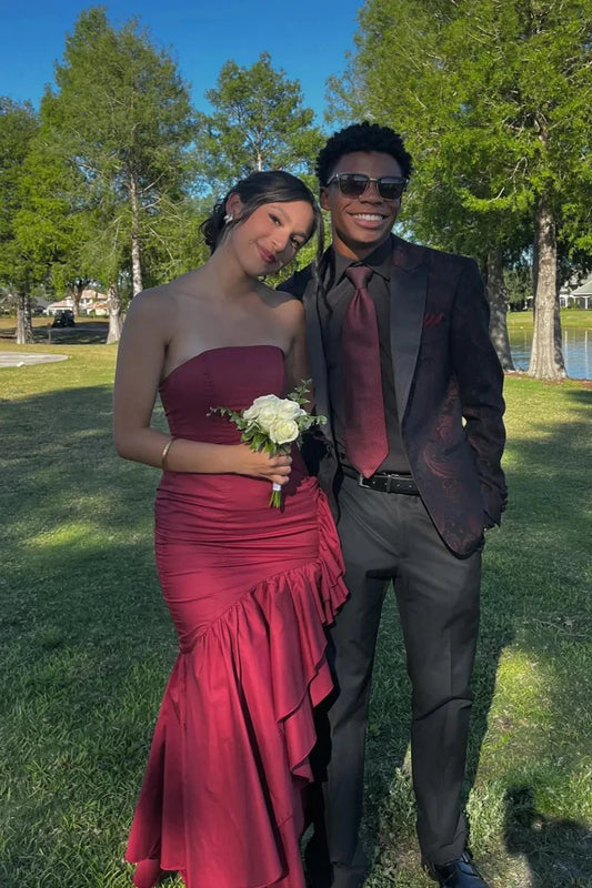 Strapless Ruffle Mermaid Prom Dresses High Slit Asymmetrical Formal Gown by JiMiss Dresses