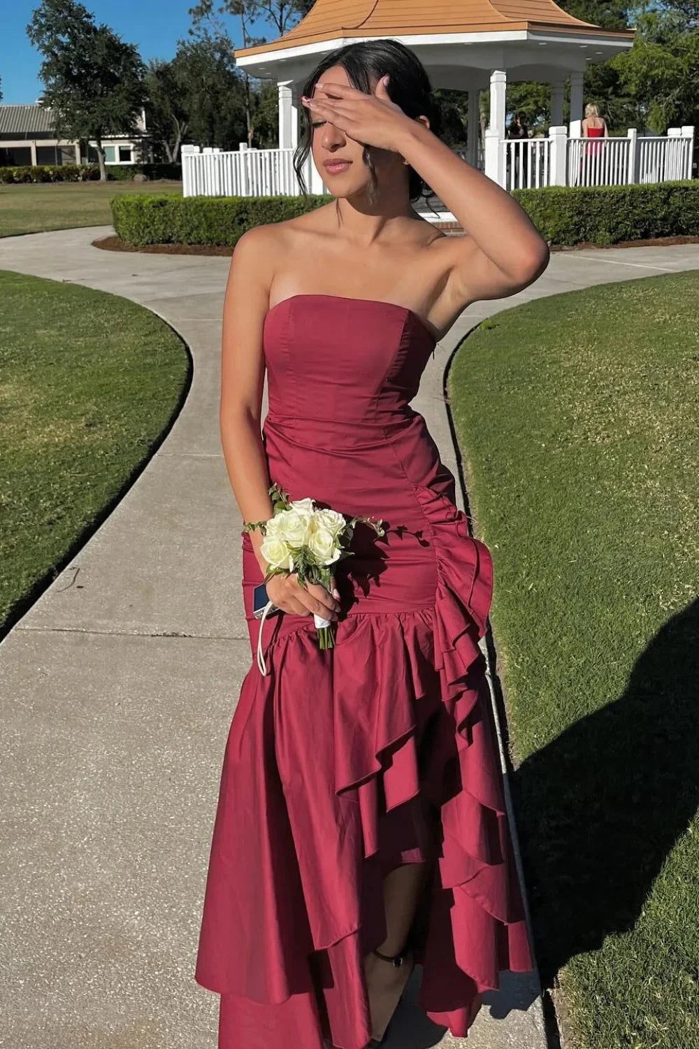 Strapless Ruffle Mermaid Prom Dresses High Slit Asymmetrical Formal Gown by JiMiss Dresses