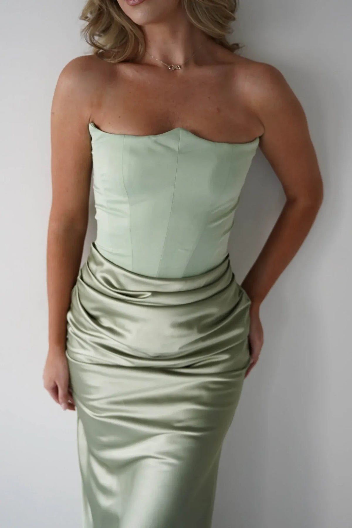 Sage Green Mermaid Strapless Satin Wedding Dress - Yihuiw by Yihuiw