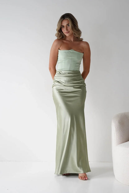 Sage Green Mermaid Strapless Satin Wedding Dress - Yihuiw by Yihuiw