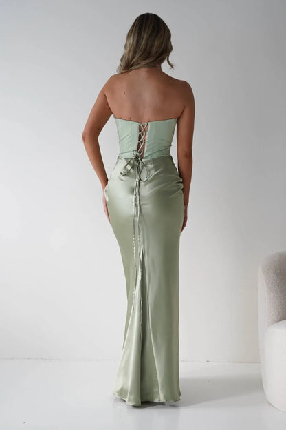 Sage Green Mermaid Strapless Satin Wedding Dress - Yihuiw by Yihuiw