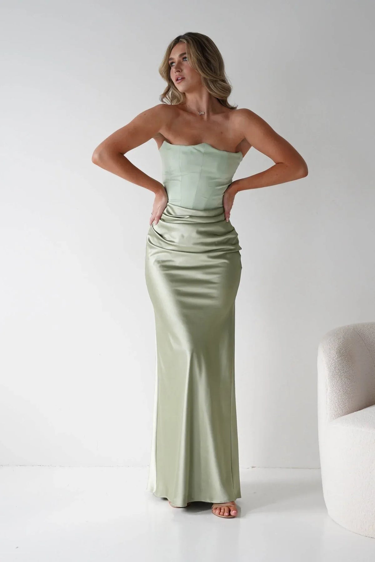 Sage Green Mermaid Strapless Satin Wedding Dress - Yihuiw by Yihuiw