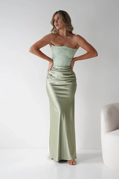 Sage Green Mermaid Strapless Satin Wedding Dress - Yihuiw by Yihuiw