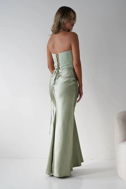 Sage Green Mermaid Strapless Satin Wedding Dress - Yihuiw by Yihuiw