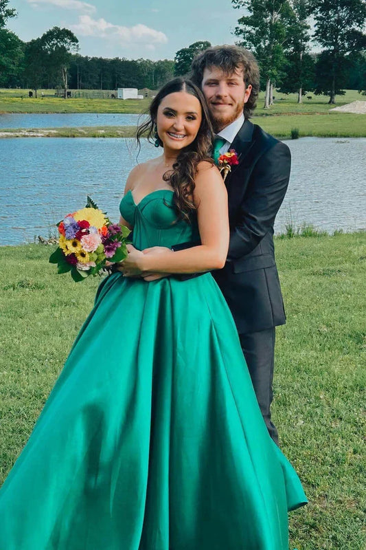 Strapless Satin Ball Gown Prom Dresses Sweetheart Corset Back A-Line Formal Gown by JiMiss Dresses
