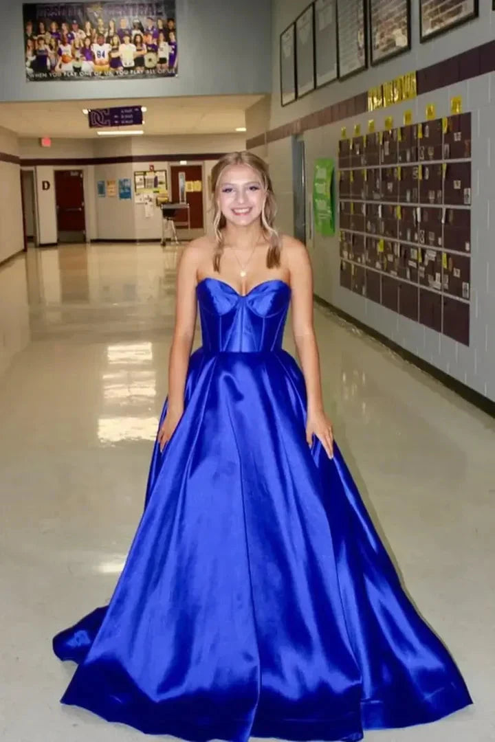 Strapless Satin Ball Gown Prom Dresses Sweetheart Corset Back A-Line Formal Gown by JiMiss Dresses