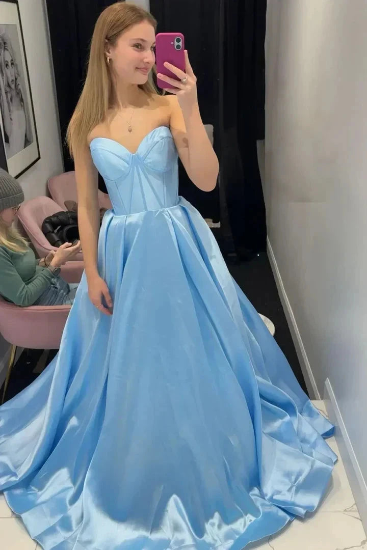 Strapless Satin Ball Gown Prom Dresses Sweetheart Corset Back A-Line Formal Gown by JiMiss Dresses