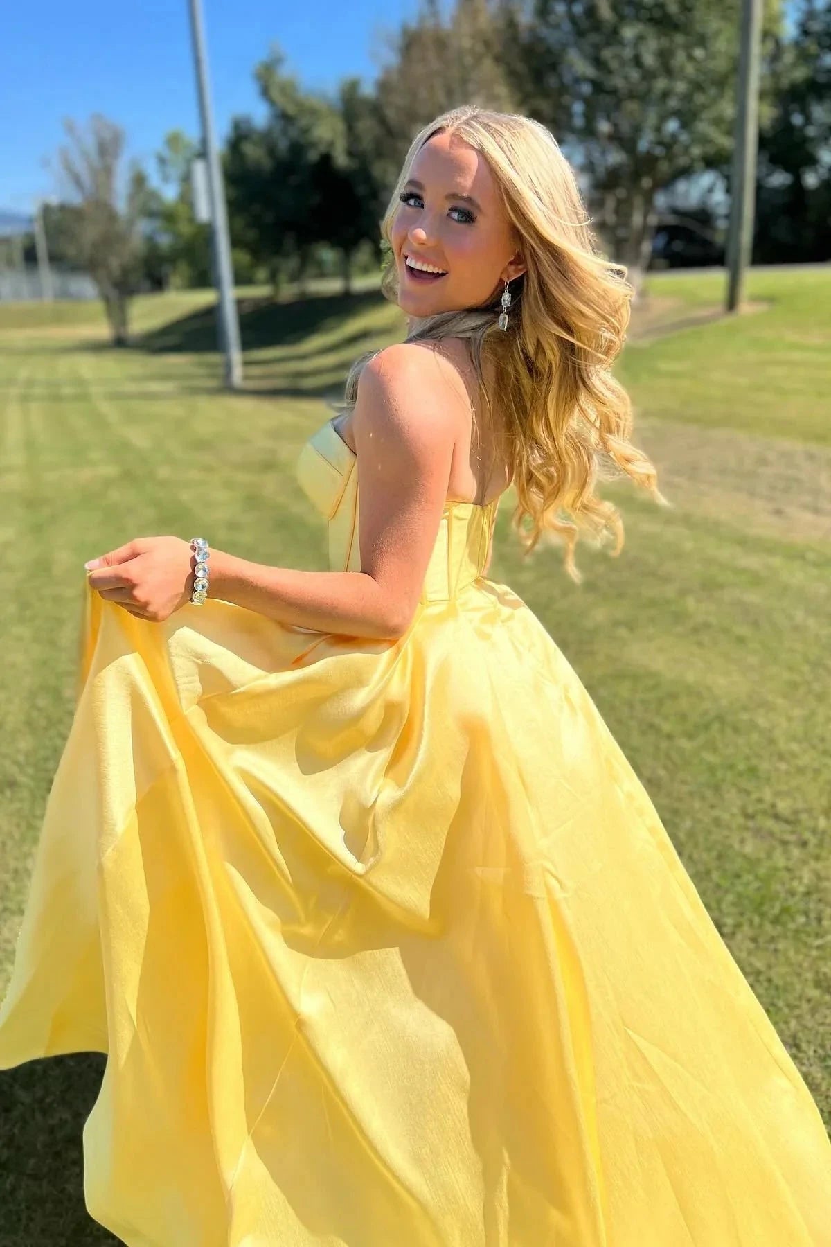 Strapless Satin Ball Gown Prom Dresses Sweetheart Corset Back A-Line Formal Gown by JiMiss Dresses