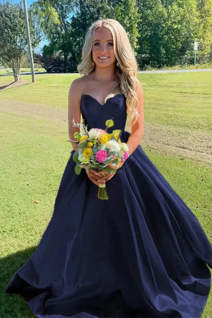 Strapless Satin Ball Gown Prom Dresses Sweetheart Corset Back A-Line Formal Gown by JiMiss Dresses