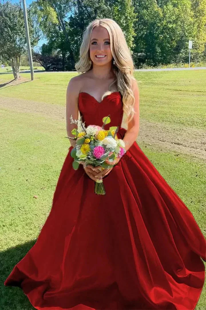 Strapless Satin Ball Gown Prom Dresses Sweetheart Corset Back A-Line Formal Gown by JiMiss Dresses