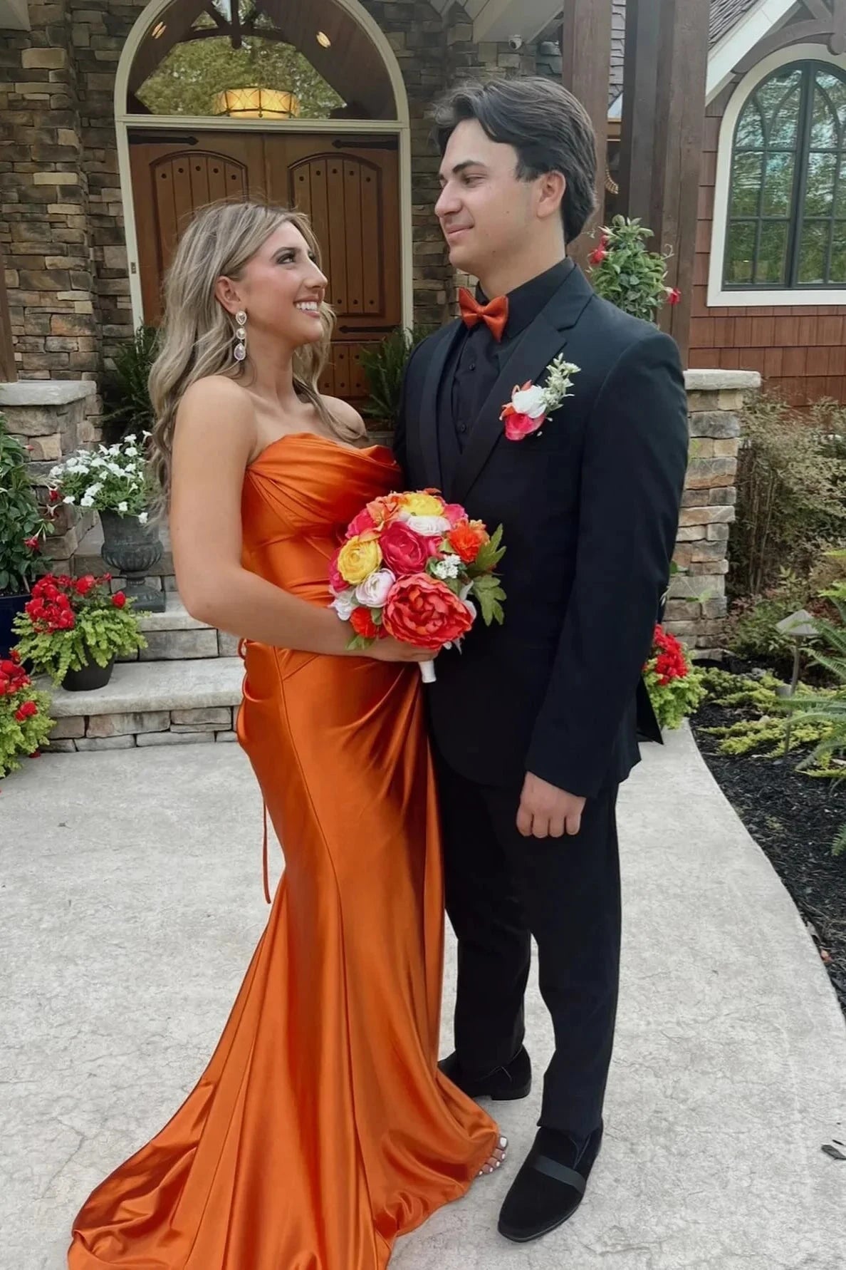 Strapless Satin Mermaid Prom Dress with Cowl Neck, Corset Bodice, Twist Front Detail & Lace-Up Back by JiMiss Dresses