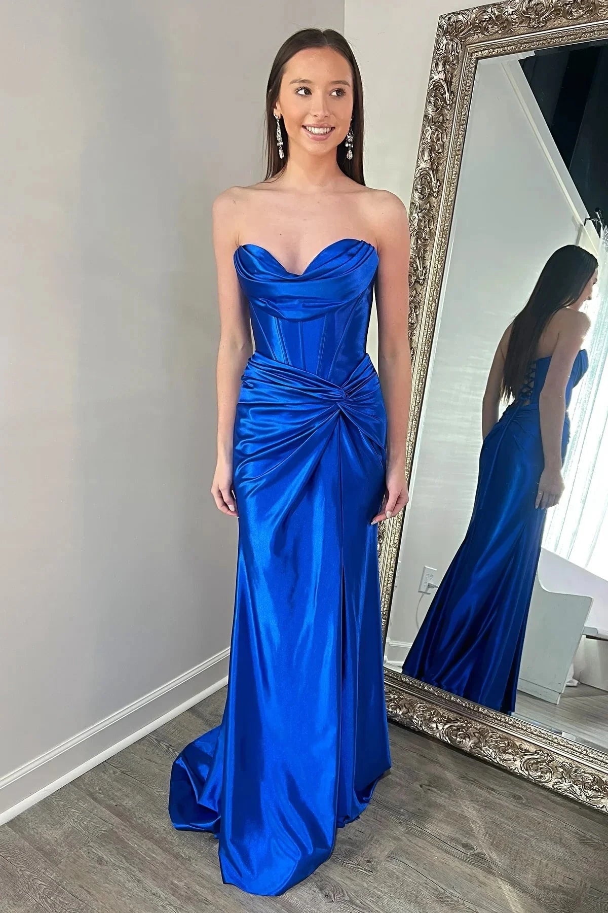 Strapless Satin Mermaid Prom Dress with Cowl Neck, Corset Bodice, Twist Front Detail & Lace-Up Back by JiMiss Dresses