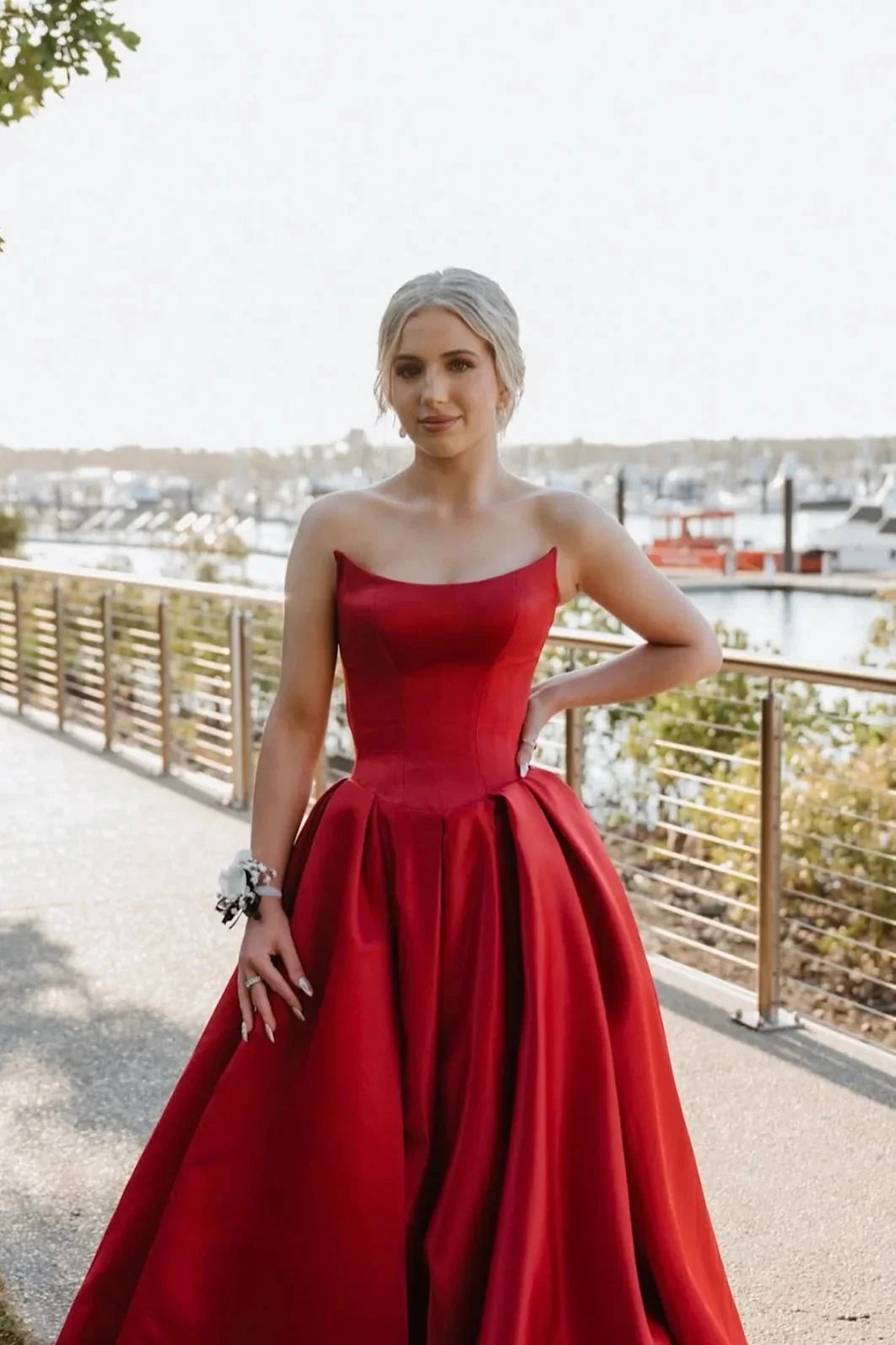 Strapless Satin Prom Dresses with Corset Bodice, Ball Gown Skirt and High Slit Formal Gown by JiMiss Dresses