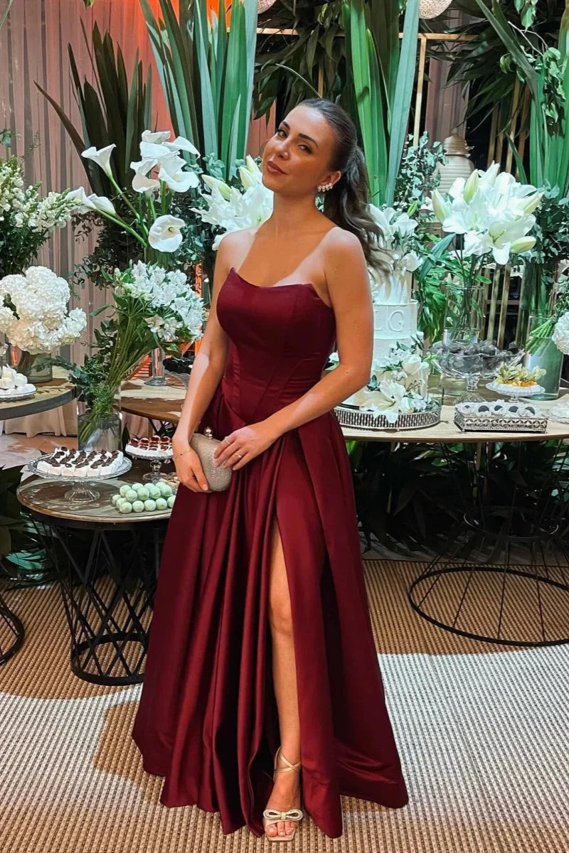 Strapless Satin Prom Dresses with Corset Bodice, Ball Gown Skirt and High Slit Formal Gown by JiMiss Dresses
