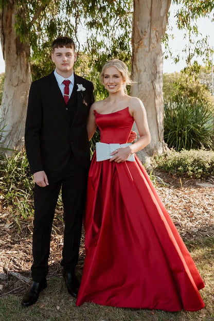 Strapless Satin Prom Dresses with Corset Bodice, Ball Gown Skirt and High Slit Formal Gown by JiMiss Dresses