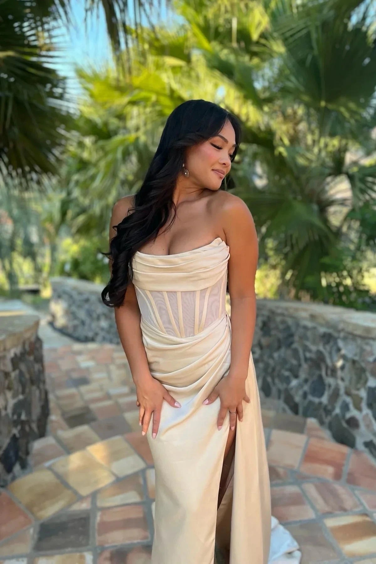 Strapless Satin Prom Dresses with Corset Bodice, Ruched Skirt, High Slit and Train Formal Gown by JiMiss Dresses