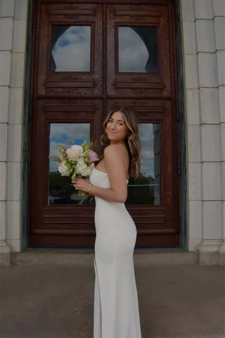 Strapless Satin Prom Dress with High Slit and Open Back by JiMiss Dresses
